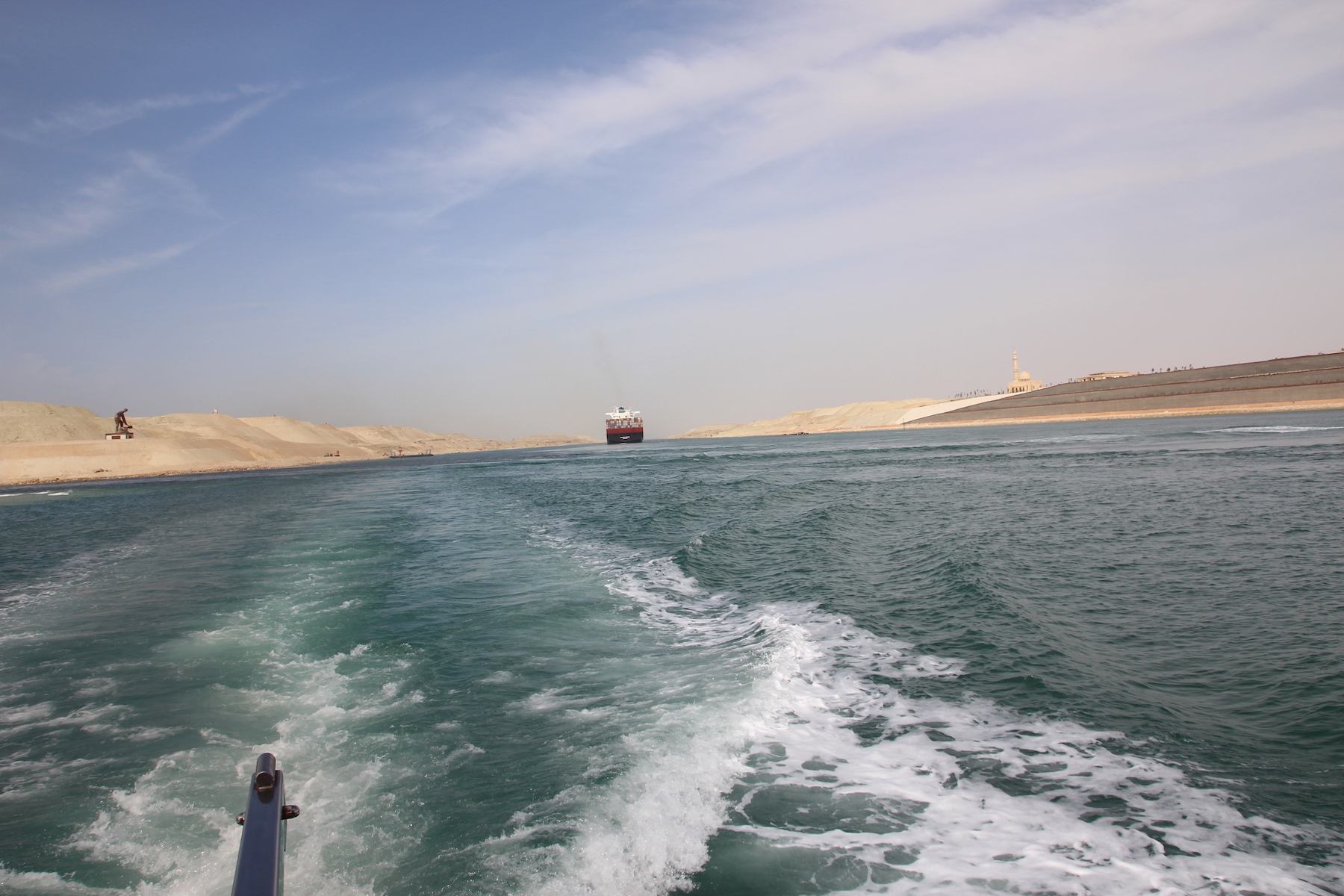 The wake of the yacht as an oil tanker chases us down the Suez Canal