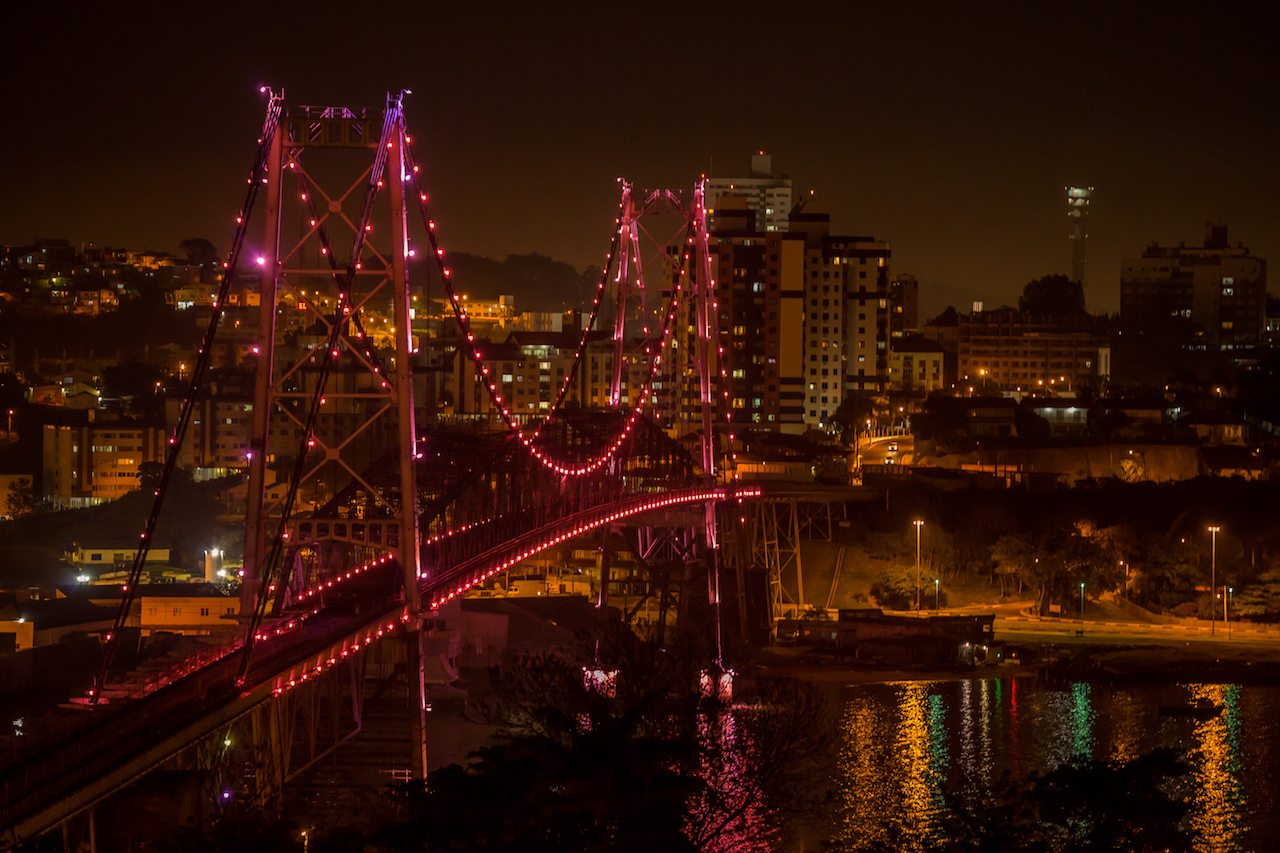Florianopolis, Santa Catarina, Brazil, Hercilio Luz Bridge at night