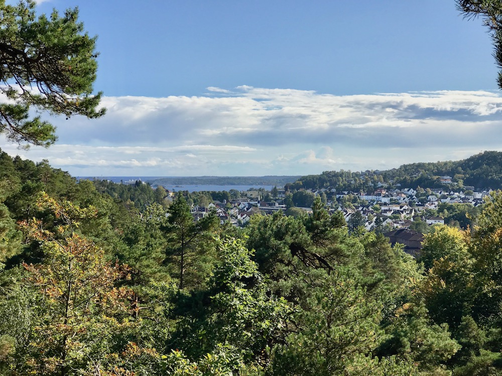A view of Kristiansand, Norway from atop a hill in the Baneheia Park
