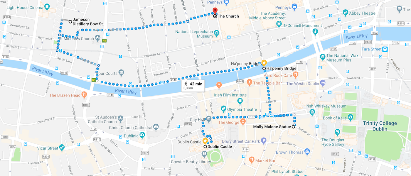 A walking map of things to do in Dublin between Dublin Castle and the Jameson Distillery on Bow. St.