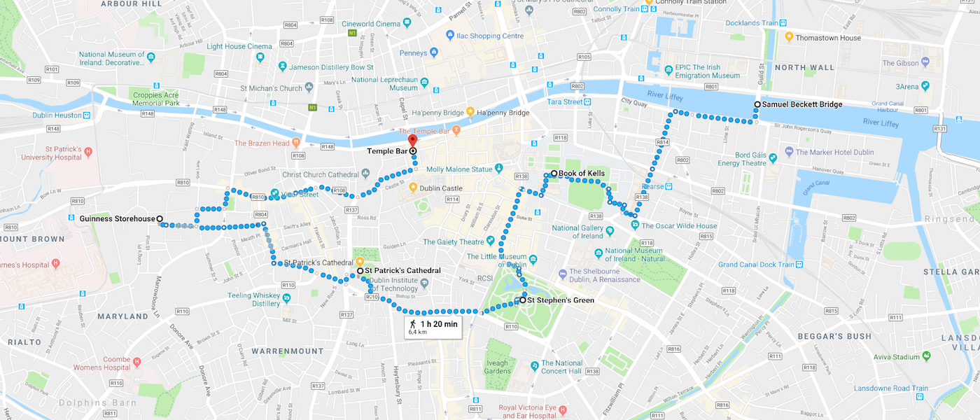 A walking map of things to do in Dublin from Samuel Beckett Bridge to the Temple Bar