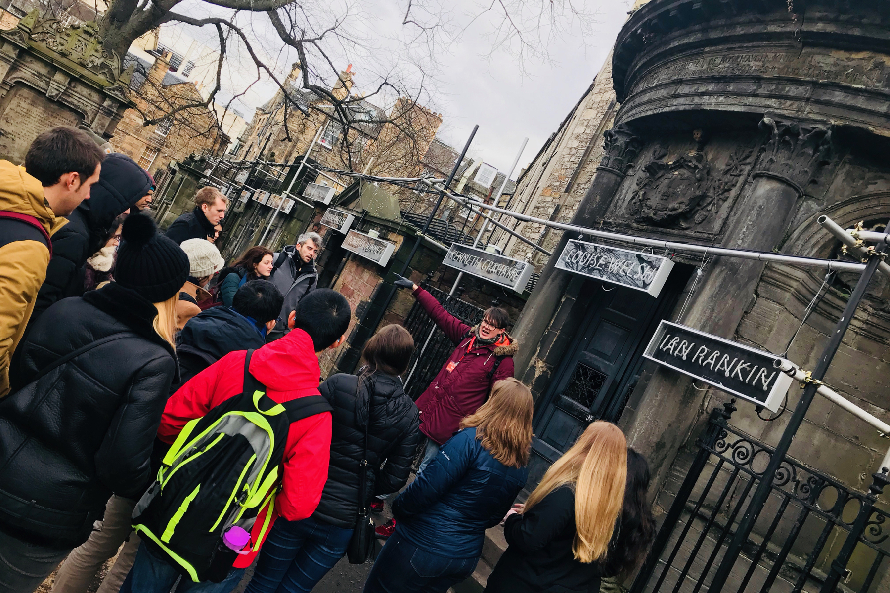 A photo of our tour group in front of Sir George McKenzie's tomb in the Greyfriars Kirkyard