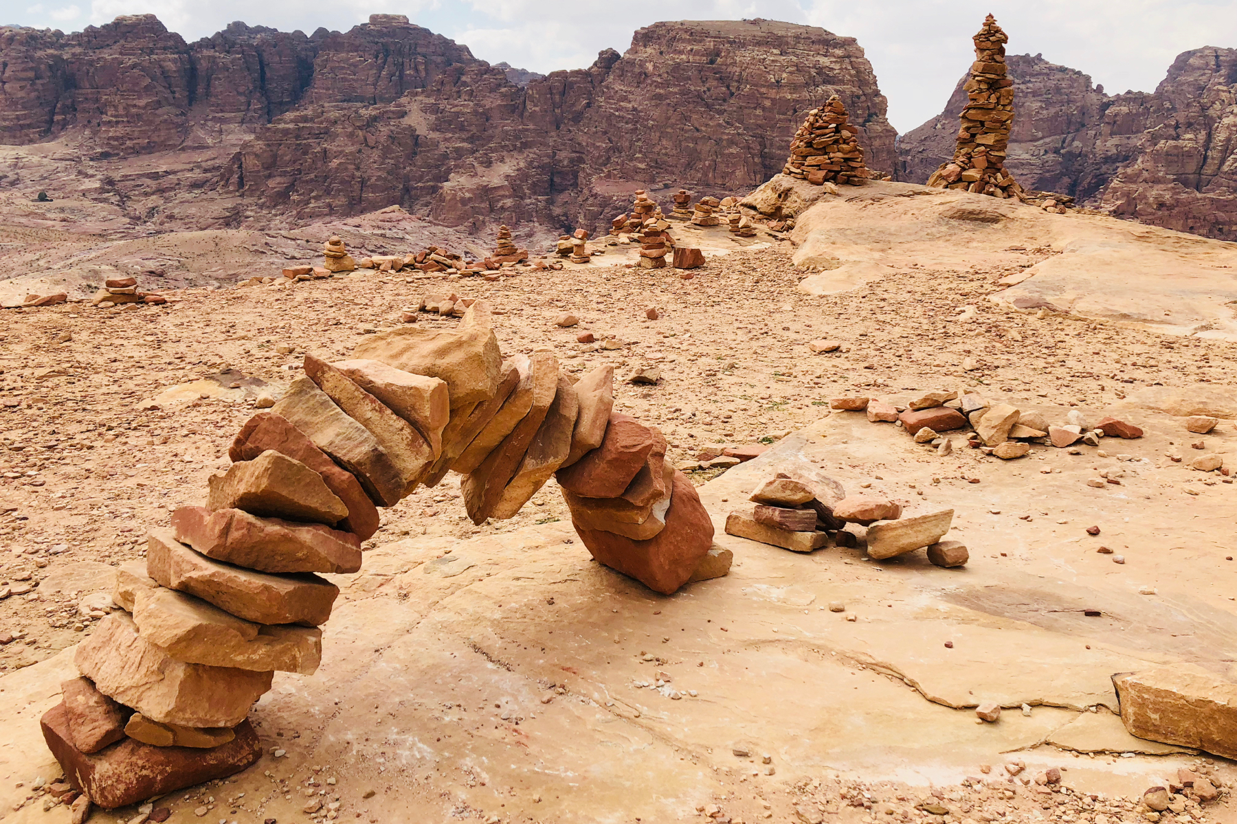 Stacked stones on the route of the High Place of Sacrifice Trail in Petra