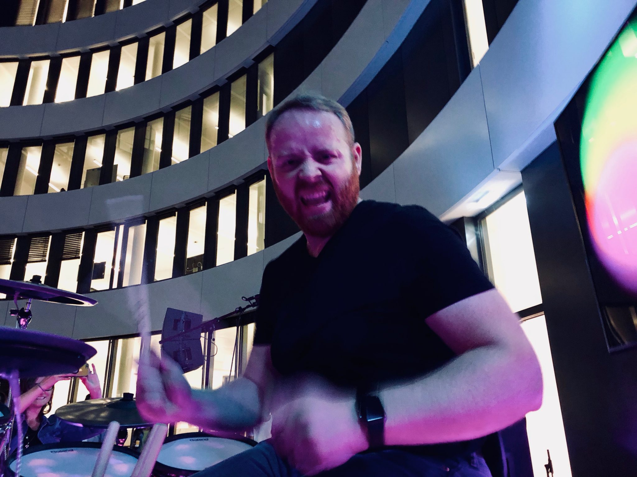 Solo drummer Drumson performs at the German headquarters of trivago, performing on a Roland TD-30 electronic drumset