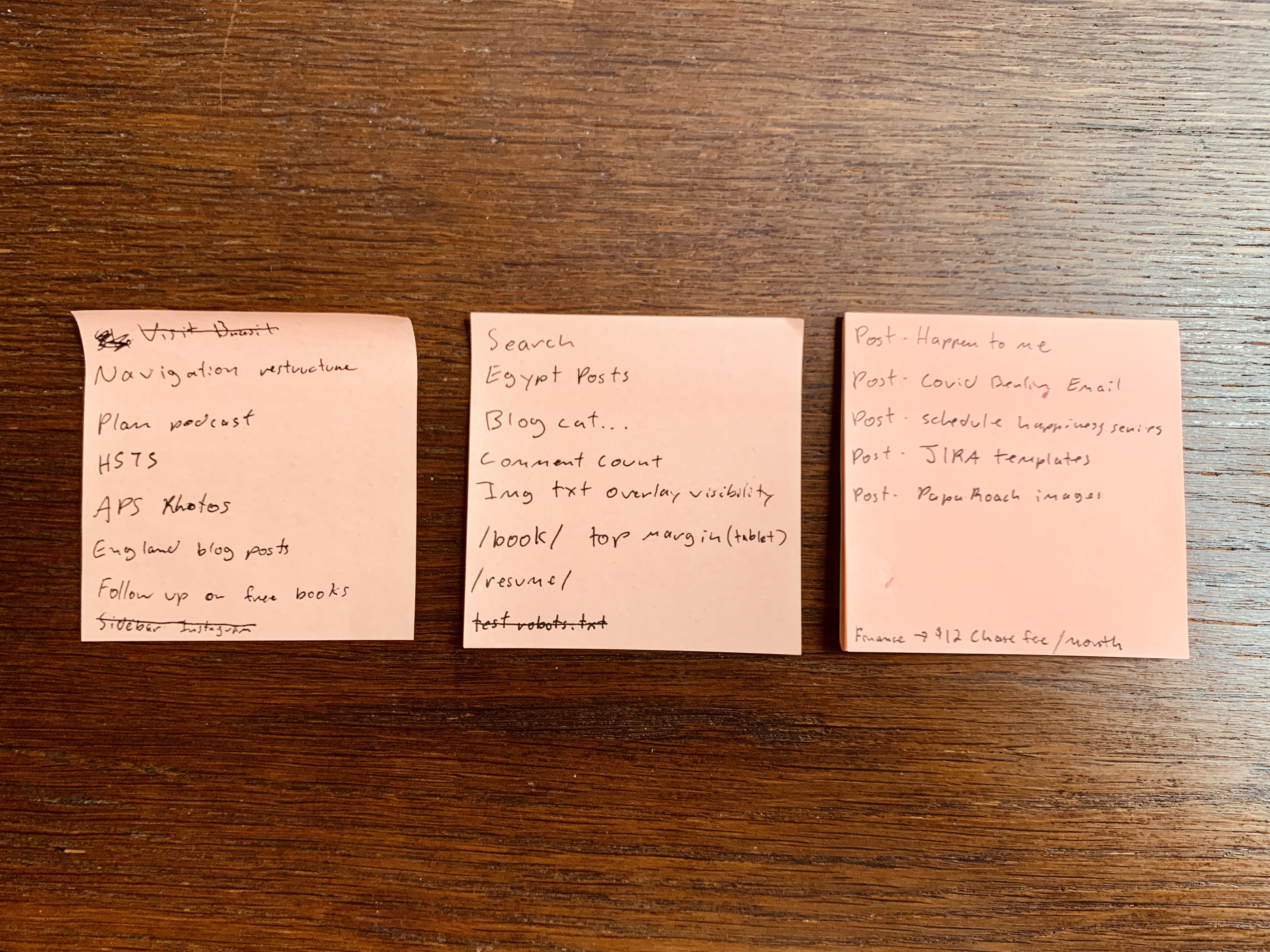 Three sticky notes with my to-do list