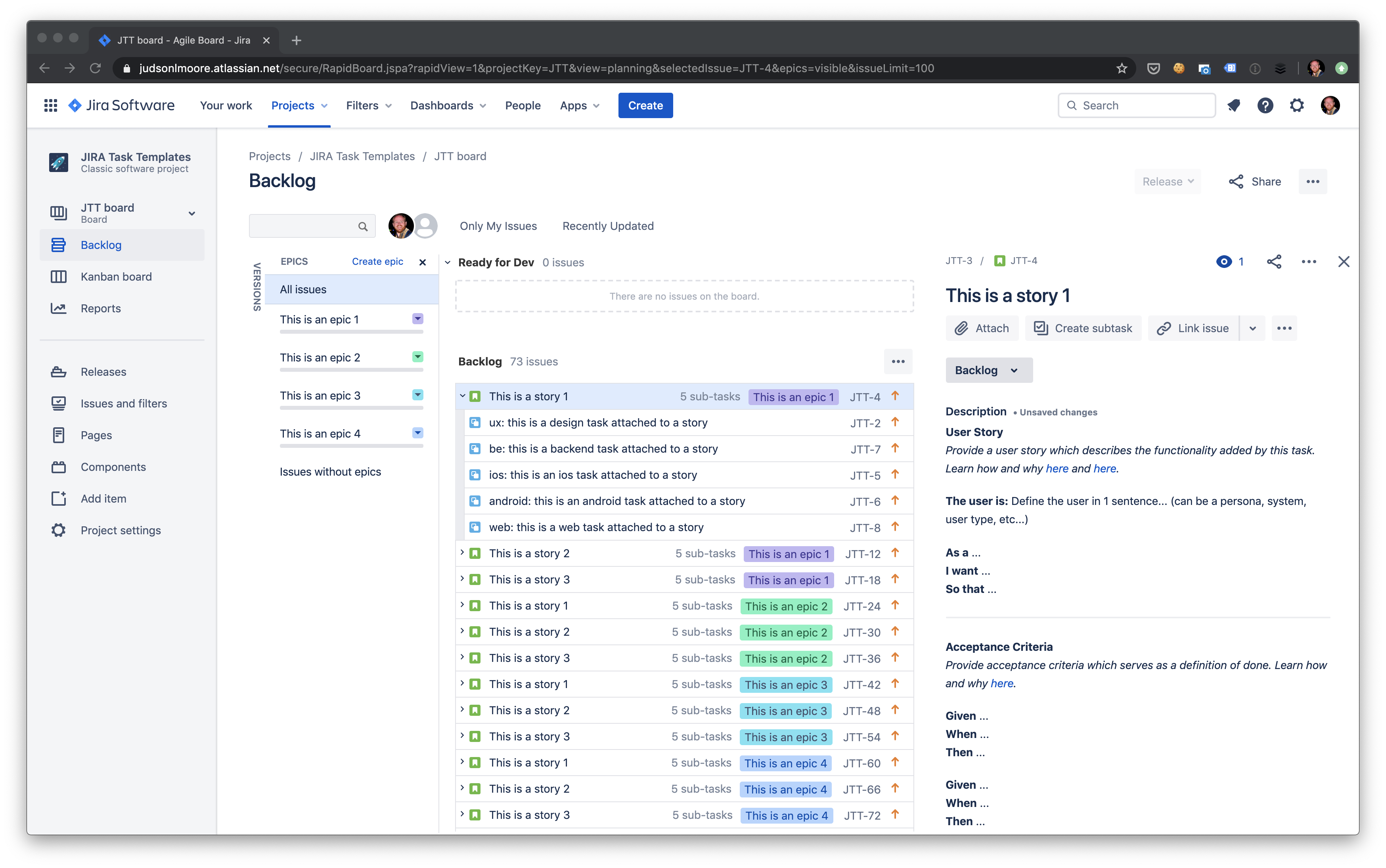 An example backlog in Jira with epics, stories, and subtasks