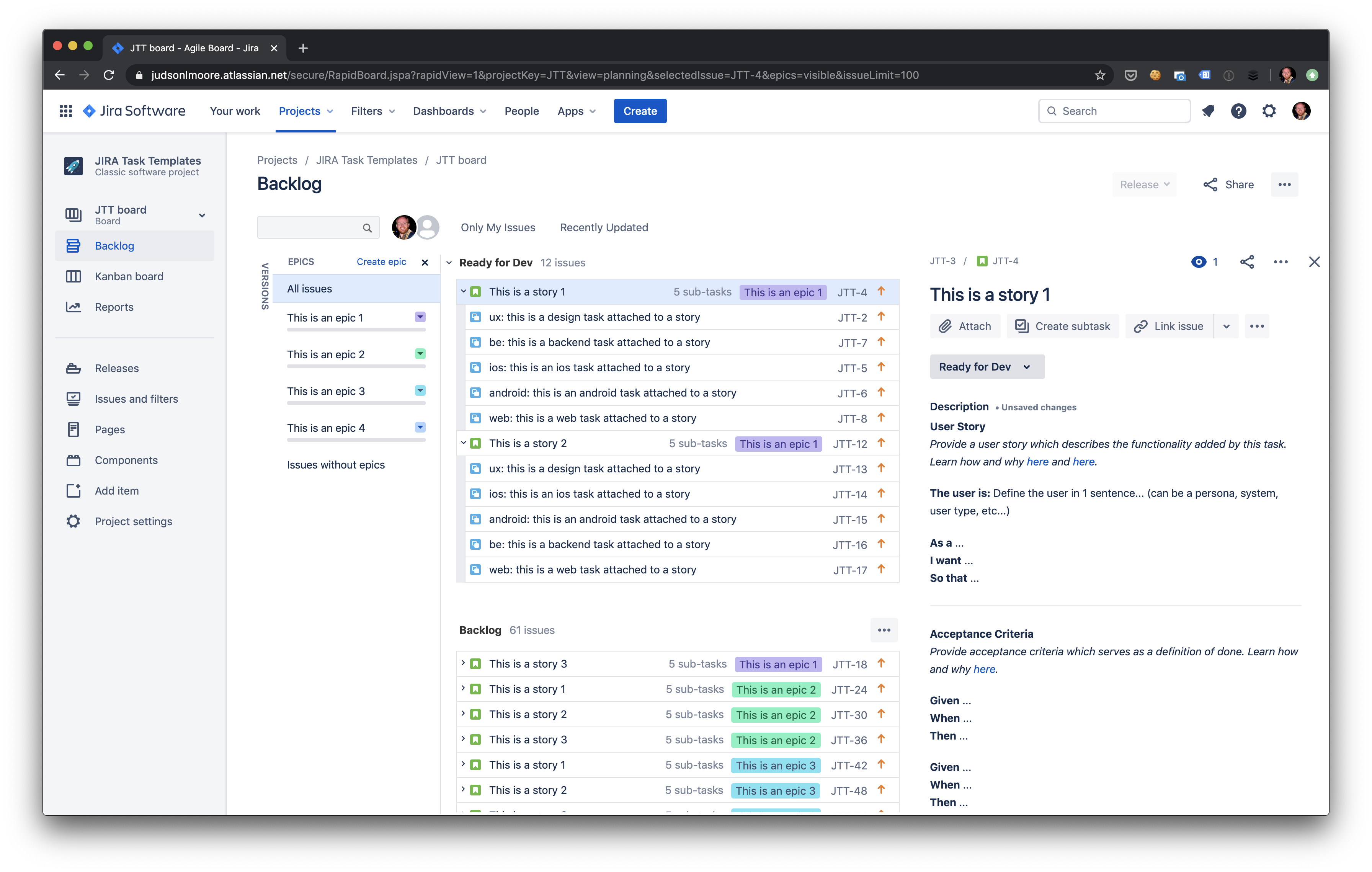 An example backlog in Jira with epics, stories, and subtasks being shown as ready for dev